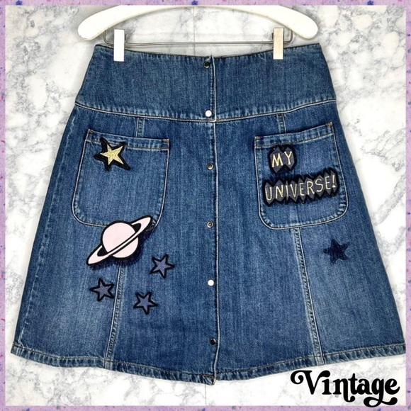 ⭐️ EMPORIO ARMANI A Line Y2K Denim Skirt Women’s 8 Cosmic Galaxy Patches - Picture 10 of 11
